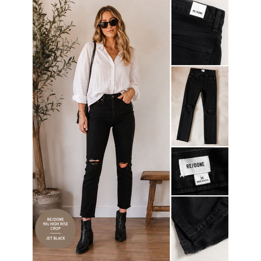 RE/DONE 90s High Rise Crop Jeans Jet Black Distressed Ripped Ankle 24 NWT